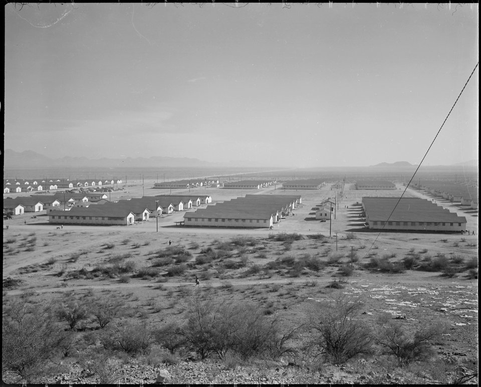 Gila River Relocation Center, Rivers, Arizona. A panorama of the northwest section of Camp Two at t . . . - NARA - 538649
