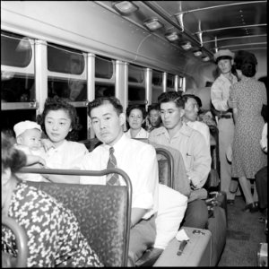 Gila River Relocation Center, Rivers, Arizona. Evacuees on their way home by Greyhound bus. On Sep . . . - NARA - 539850