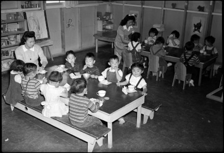 Gila River Relocation Center, Rivers, Arizona. Butte Nursery and Kindergarten children's snack hour. - NARA - 539555