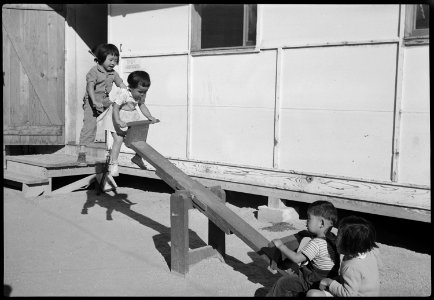 Gila River Relocation Center, Rivers, Arizona. Kindergarten and Nursery children having a grand tim . . . - NARA - 537377