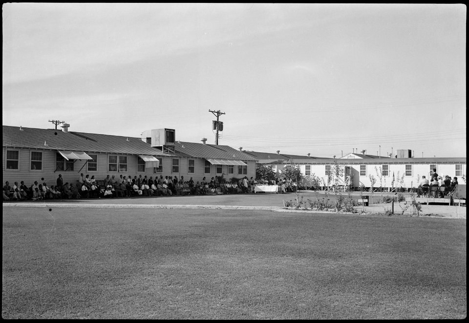 Gila River Relocation Center, Rivers, Arizona. Guests listening to Doctor McSparren's message. - NARA - 537378