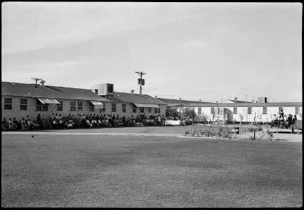 Gila River Relocation Center, Rivers, Arizona. Guests listening to Doctor McSparren's message. - NARA - 537378