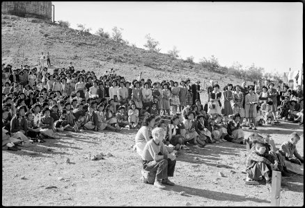 Gila River Relocation Center, Rivers, Arizona. High School students listening to Doctor E. Stanley . . . - NARA - 539441