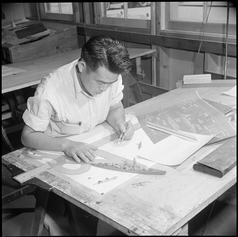 Gila River Relocation Center, Rivers, Arizona. Tadao Kawate, former drafting student from Los Angel . . . - NARA - 537091