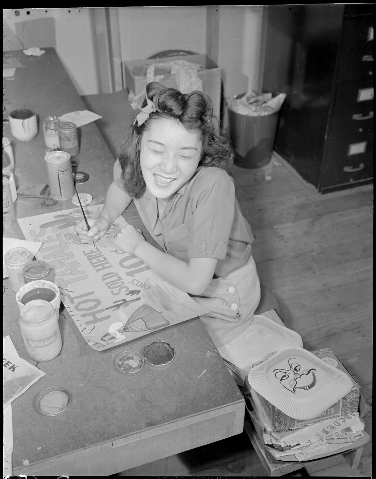 Gila River Relocation Center, Rivers, Arizona. Painting a sign for the Harvest Festival to be hel . . . - NARA - 538637
