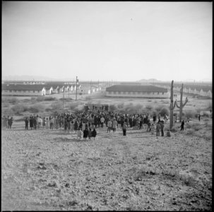 Gila River Relocation Center, Rivers, Arizona. Sunrise Services (Christian) were held Thanksgiving . . . - NARA - 538615 photo