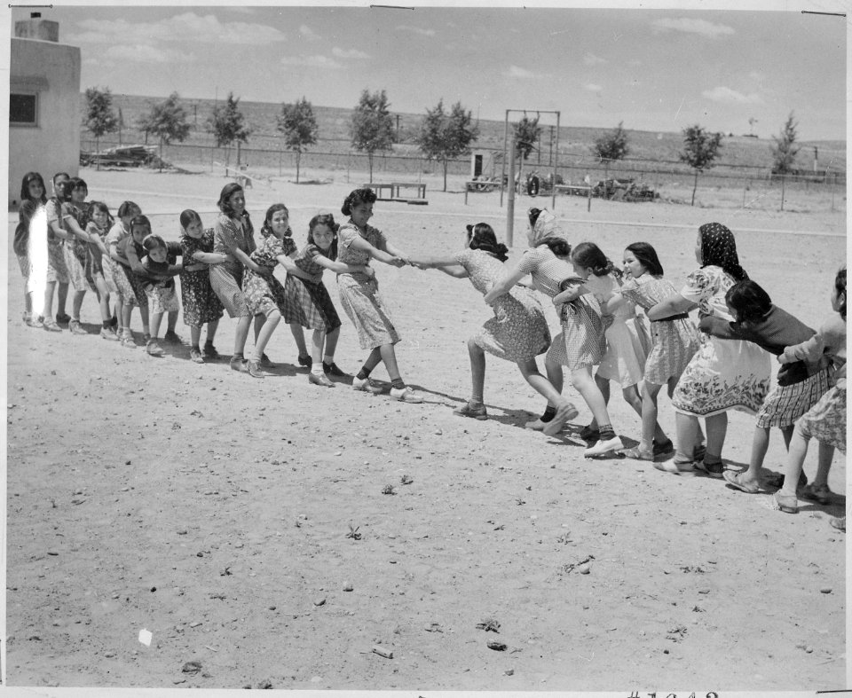 Girls at Isleta Day School in a tug of war, Albuquerque, New Mexico, 1940 - NARA - 519167