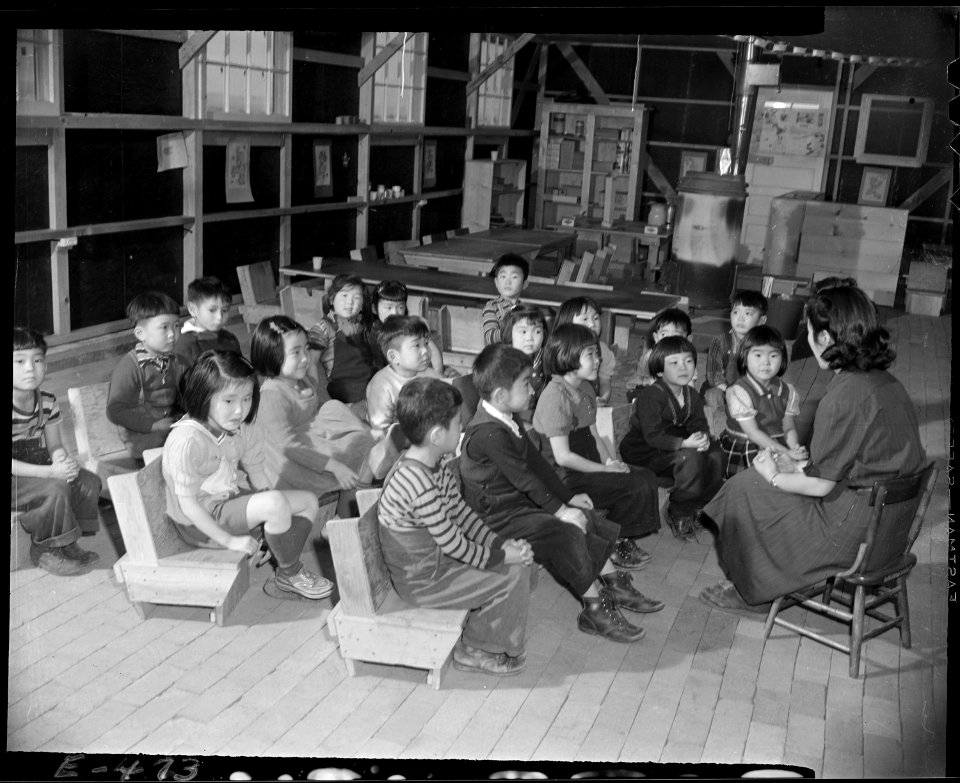 Granada Relocation Center, Amache, Colorado. A story hour in a nursery class conducted by (right) M . . . - NARA - 539040