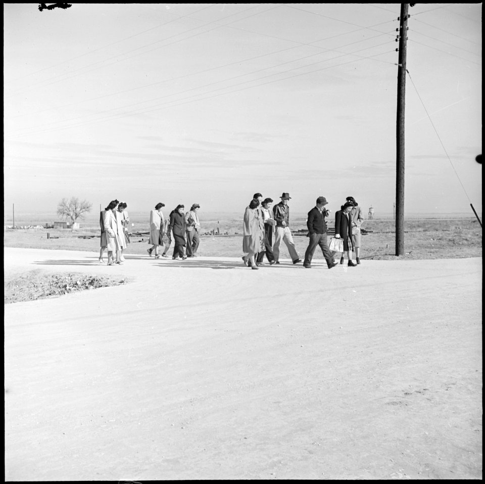 Granada Relocation Center, Amache, Colorado. 5-00 P.M. and the administrative office workers trek . . . - NARA - 539115