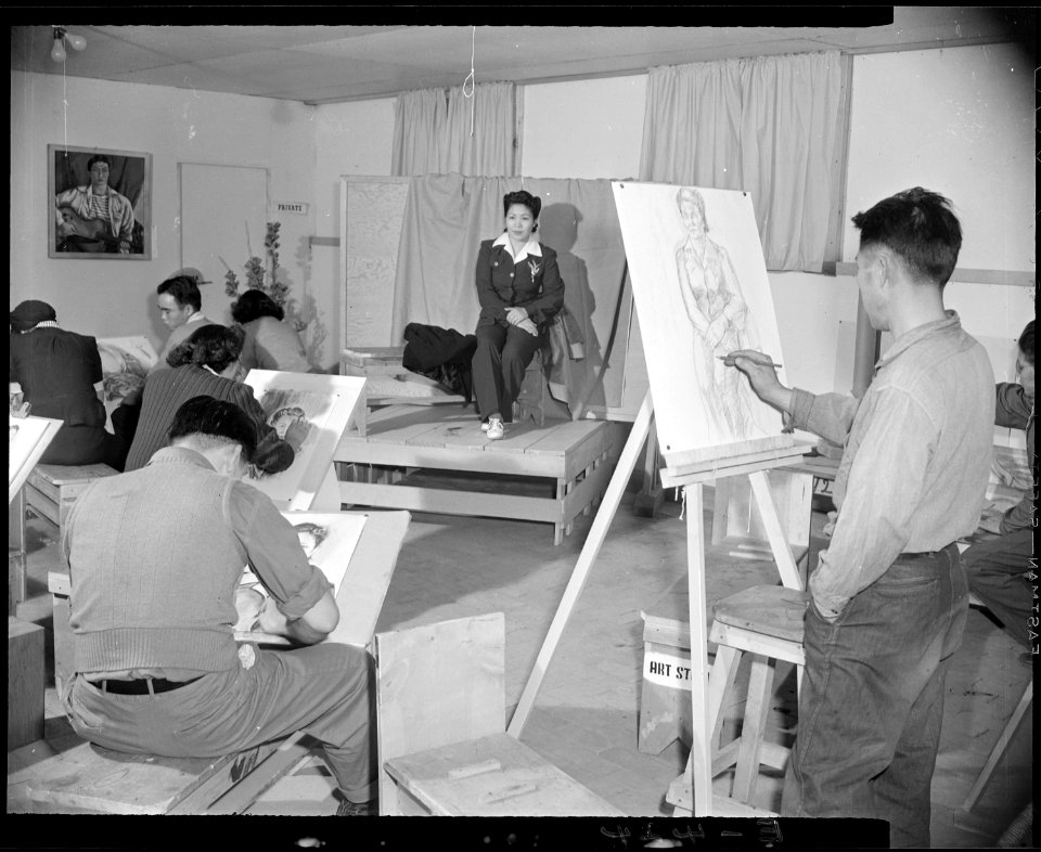 Granada Relocation Center, Amache, Colorado. An adult art class under the direction of Tokio Ueyama . . . - NARA - 539004
