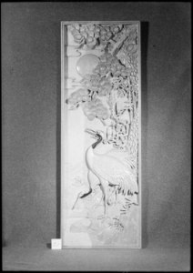 Granada Relocation Center, Amache, Colorado. Cranes against a background of symbolic pines, plum bl . . . - NARA - 539616