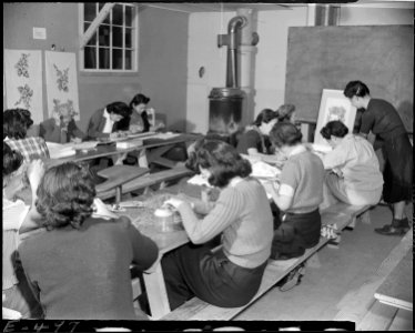 Granada Relocation Center, Amache, Colorado. An adult craft class, resident women are learning fine . . . - NARA - 539061