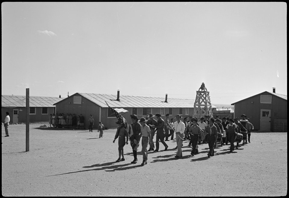 Granada Relocation Center, Amache, Colorado. Evacuees are staging a Boy Scout Memorial Day Service . . . - NARA - 537199