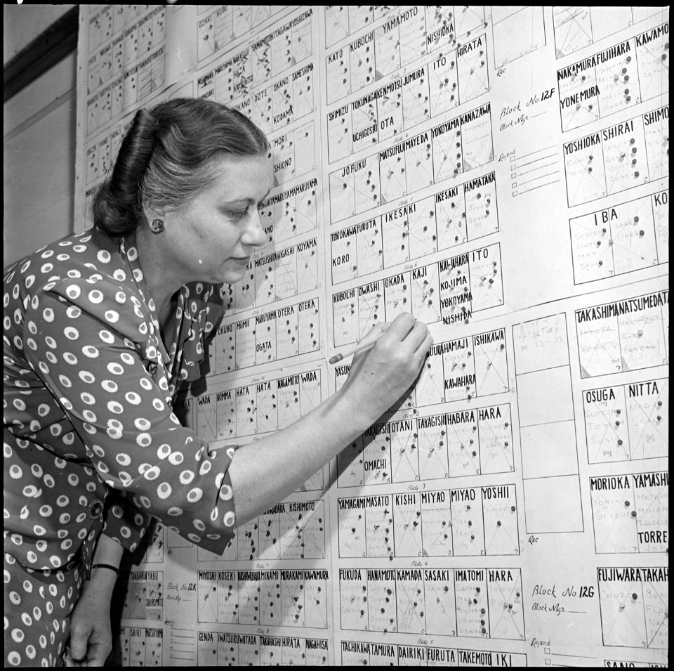 Granada Relocation Center, Amache, Colorado. Family counsellor is shown examining wall chart. Wall . . . - NARA - 539929