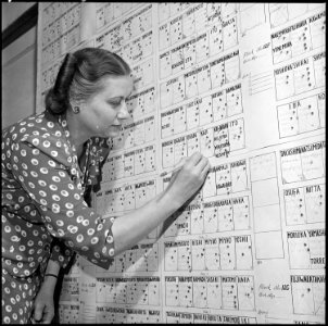 Granada Relocation Center, Amache, Colorado. Family counsellor is shown examining wall chart. Wall . . . - NARA - 539929