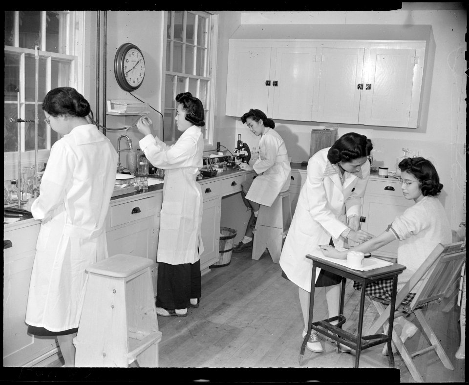 Granada Relocation Center, Amache, Colorado. Four technicians and a patient in the hospital laborat . . . - NARA - 539049