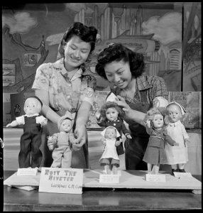 Granada Relocation Center, Amache, Colorado. Girls' Reserves Victory Dolls. Jane Nagai, left, and . . . - NARA - 539300