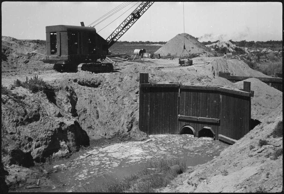 Granada Relocation Center, Amache, Colorado. Flood control structure on the Manvell Ditch. - NARA - 537219