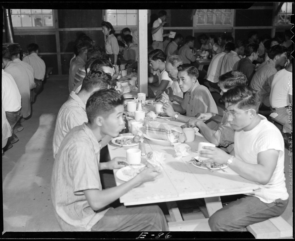Granada Relocation Center, Amache, Colorado. Lunch time and these volunteer workers from the first . . . - NARA - 538749