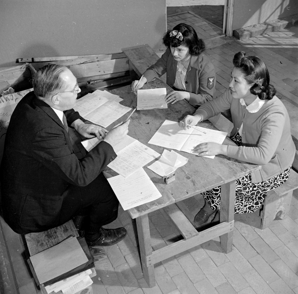 Granada Relocation Center, Amache, Colorado. Miss Mary Saito and Miss Alice Yamaoka, young Nisei re . . . - NARA - 539285
