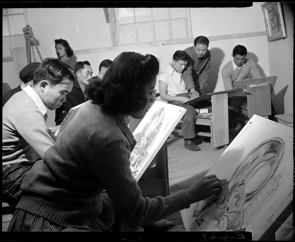 Granada Relocation Center, Amache, Colorado. In an adult still life art class, Tokio Ueyama gives a . . . - NARA - 539008