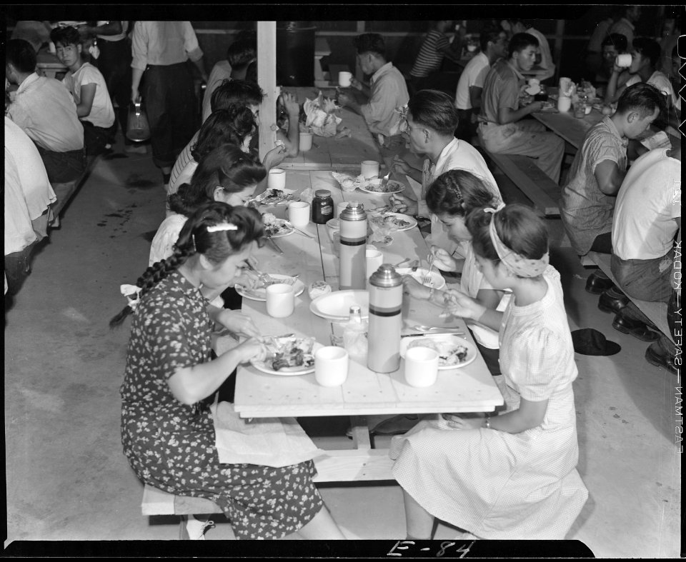 Granada Relocation Center, Amache, Colorado. Lunch time and the workers first contingent display he . . . - NARA - 538747