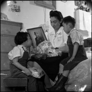 Granada Relocation Center, Amache, Colorado. Little Peggy and Bobby Miyake won't have a Christmas t . . . - NARA - 539409