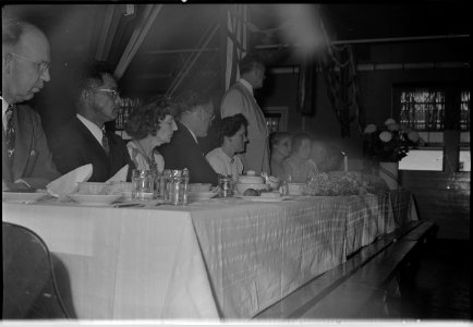 Granada Relocation Center, Amache, Colorado. Speakers' table at the hospital staff banquet held in . . . - NARA - 537356