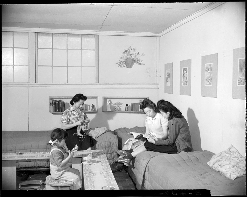Granada Relocation Center, Amache, Colorado. Sunday afternoon and the three girls who occupy this b . . . - NARA - 539009
