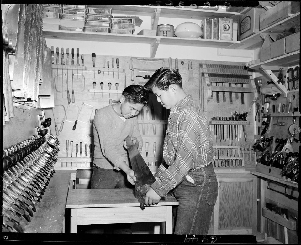 Granada Relocation Center, Amache, Colorado. Woodworking shop tool room. - NARA - 539608