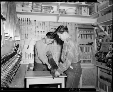 Granada Relocation Center, Amache, Colorado. Woodworking shop tool room. - NARA - 539608