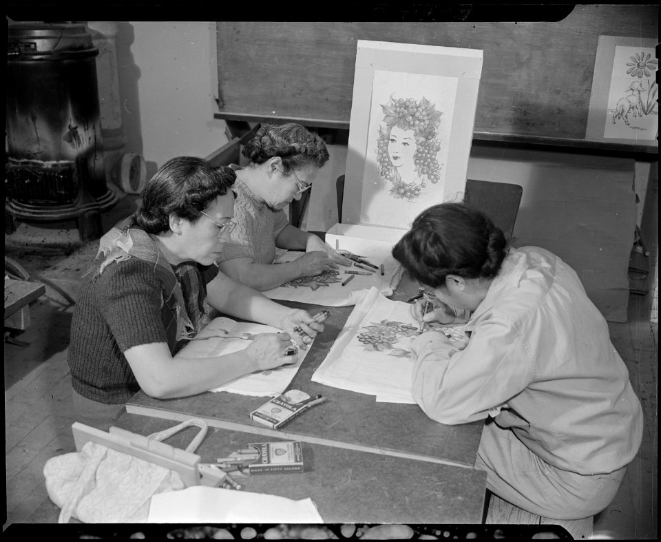 Granada Relocation Center, Amache, Colorado. Three students of an adult crafts class doing steamed . . . - NARA - 539034