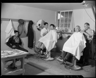 Granada Relocation Center, Amache, Colorado. With a total of three chairs, the cooperative barber s . . . - NARA - 539019