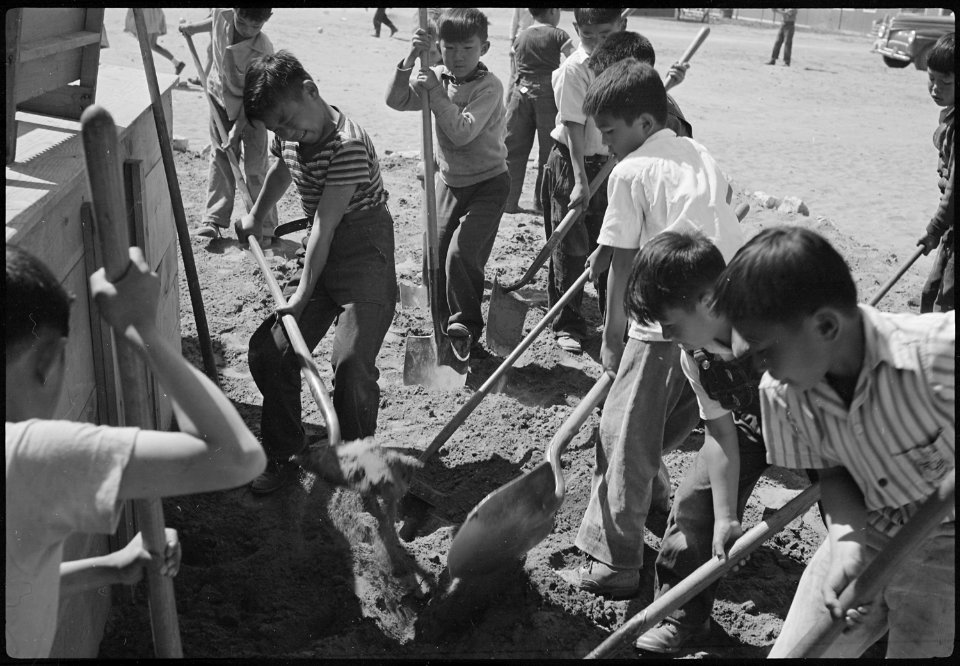 Granada Relocation Center, Amache, Colorado. View showing Elementary children landscaping the groun . . . - NARA - 539396