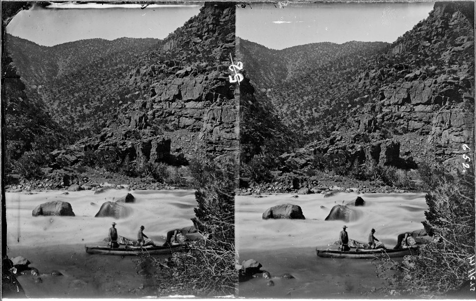 Green River. Canyon of Lodore, head of Hell's Half Mile. Jones, Hillers and Dellenbaugh (bent over) - NARA - 517897