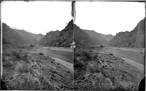 Green River. Canyon of Desolation. Shows river making a turn as it flows through the canyon. Old nos. 76, 343, 255... - NARA - 517947 photo