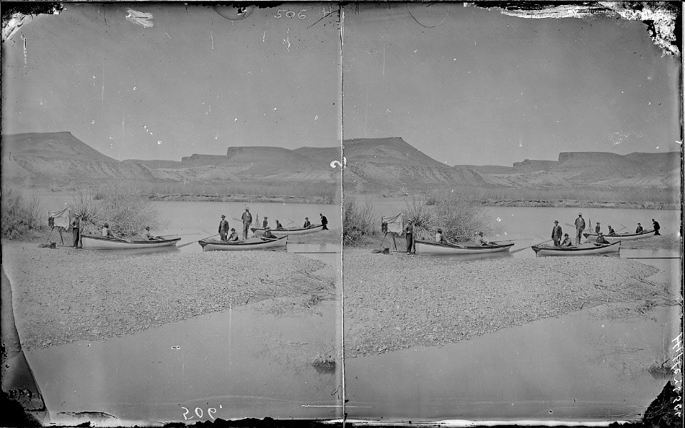 Green River. Just below U.P. Railroad bridge at Green River, Wyoming. Left bank with boats of - NARA - 517843