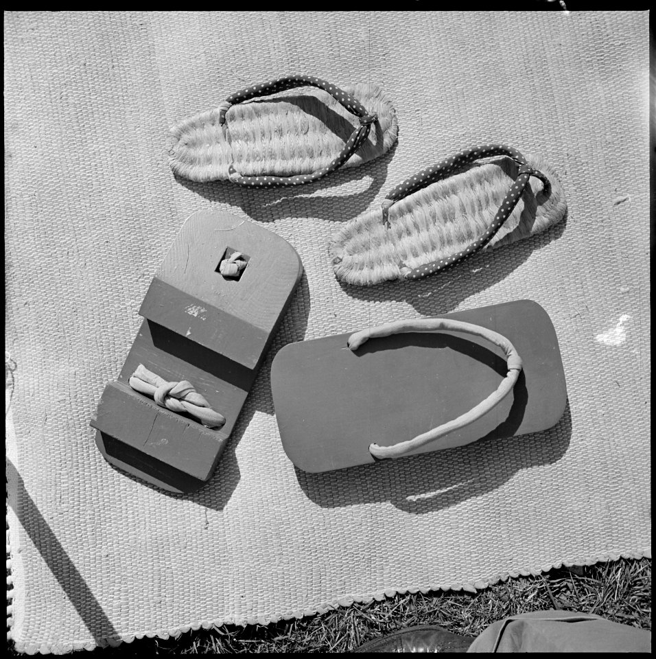 Granada Relocation Center, Amache, Colorado. Zori (straw sandals) and Geta (wooden clogs) made at G . . . - NARA - 539914