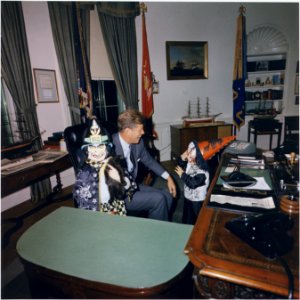 Halloween Visitors to the Oval Office. Caroline Kennedy, President Kennedy, John F. Kennedy, Jr. White House, Oval... - NARA - 194260 photo
