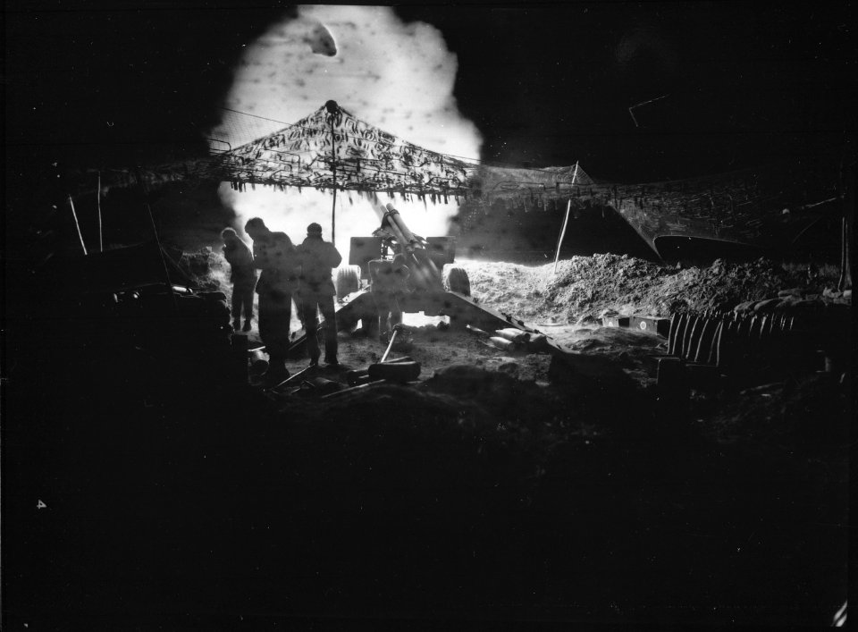 Harassing fire directed towards Japanese positions in Southern Okinawa begins during the early morning hours of May... - NARA - 532555