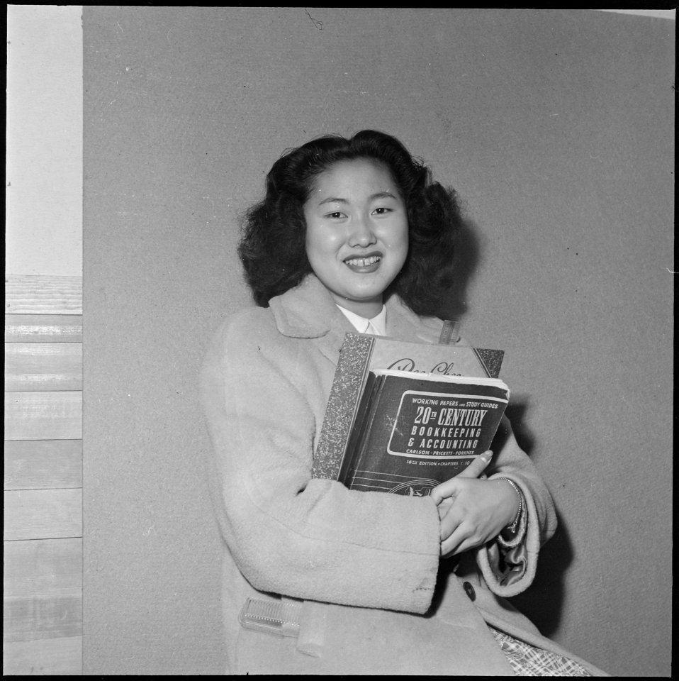 Heart Mountain Relocation Center, Heart Mountain, Wyoming. 16-year old Yoko Sato represents a typic . . . - NARA - 539729
