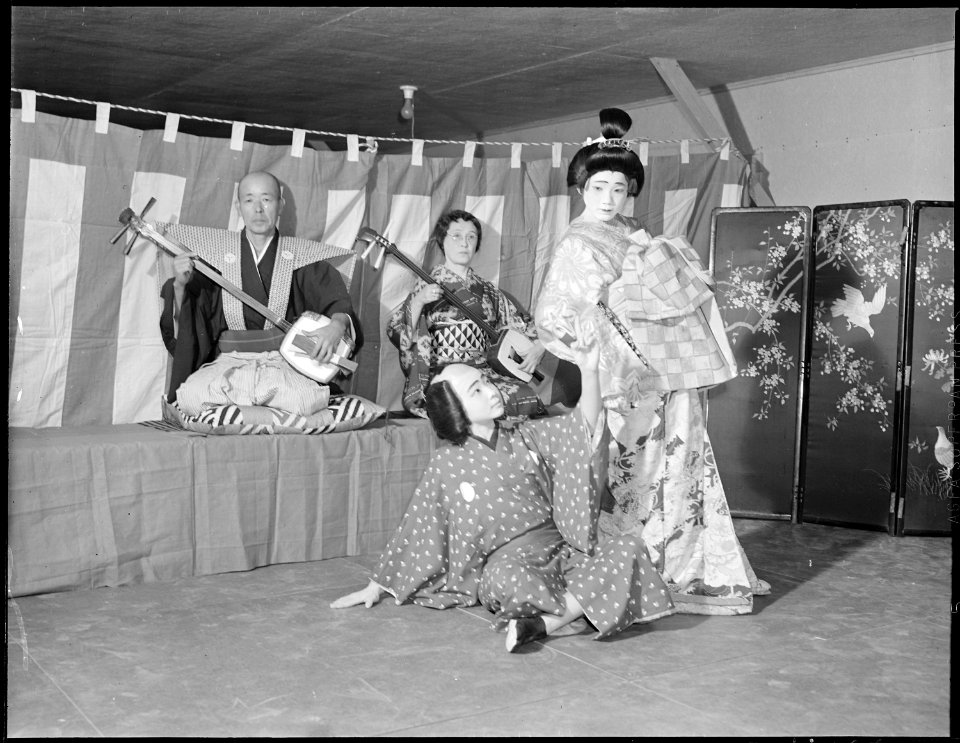 Heart Mountain Relocation Center, Heart Mountain, Wyoming. A group of actors in a scene from a pla . . . - NARA - 538765
