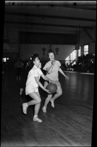 Heart Mountain Relocation Center, Heart Mountain, Wyoming. A hotly contested interscholastic basket . . . - NARA - 539724