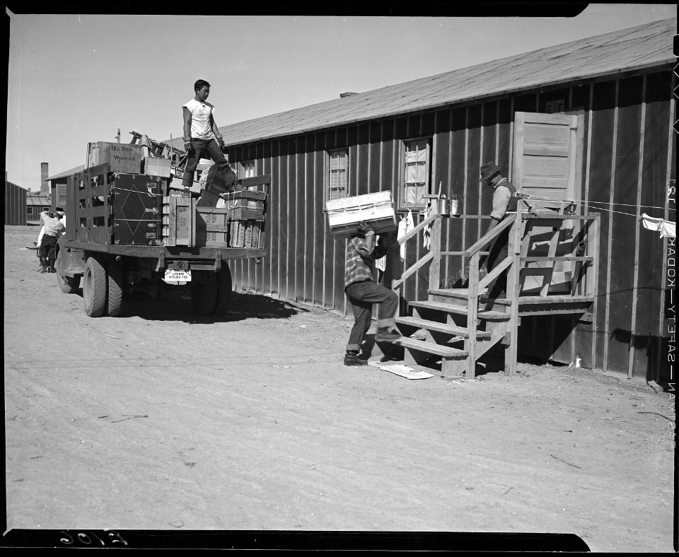 Heart Mountain Relocation Center, Heart Mountain, Wyoming. Crates of personal belongings shipped fr . . . - NARA - 538769