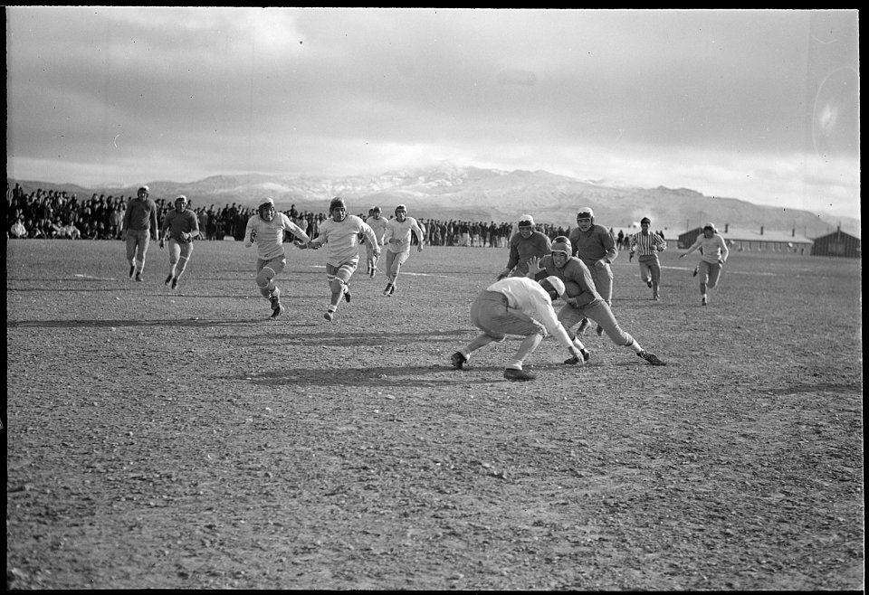 Heart Mountain Relocation Center, Heart Mountain, Wyoming. A snow covered hill forms the background . . . - NARA - 539483
