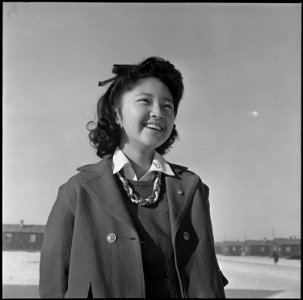 Heart Mountain Relocation Center, Heart Mountain, Wyoming. A young Nisei girl, Alice (possibly Hele . . . - NARA - 539193