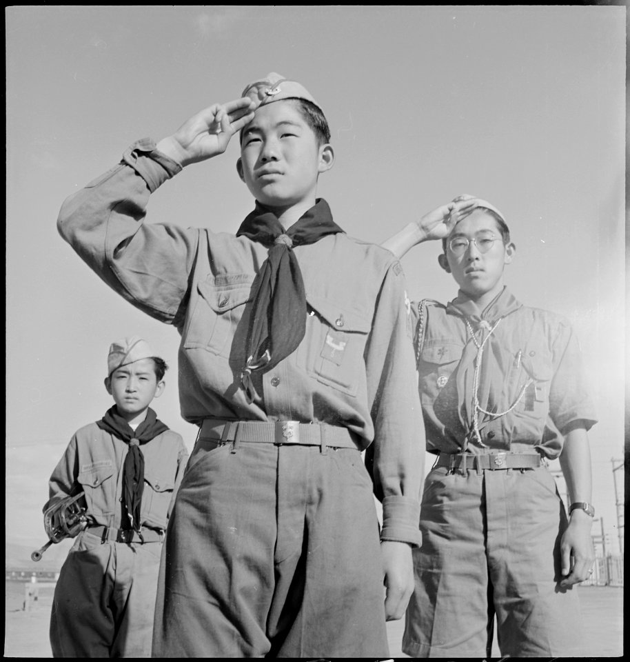 Heart Mountain Relocation Center, Heart Mountain, Wyoming. Boy Scouts conducting a morning flag rai . . . - NARA - 537165