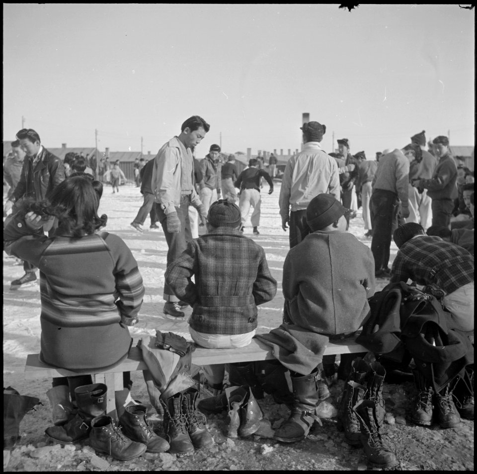 Heart Mountain Relocation Center, Heart Mountain, Wyoming. Heavy Wyoming winter footgear parked alo . . . - NARA - 539252