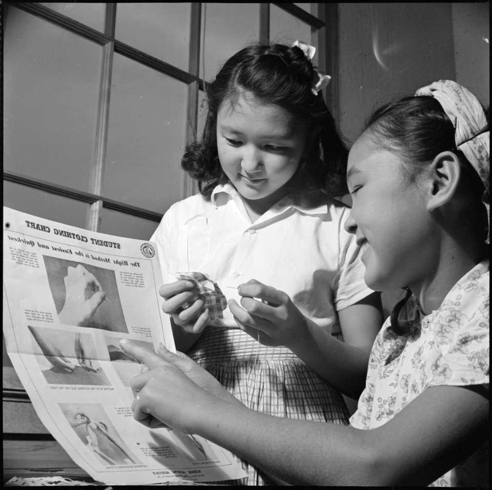 Heart Mountain Relocation Center, Heart Mountain, Wyoming. Joan Ritchie, left, and Janet Sakamoto, . . . - NARA - 539474