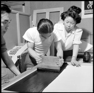 Heart Mountain Relocation Center, Heart Mountain, Wyoming. Fuji Fujikama, (right) and a fellow arti . . . - NARA - 539264